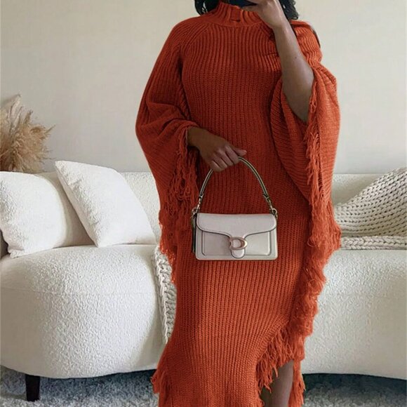Rust Brown Casual Women's Fringe Trim Batwing Sweater maxi Dress - Picture 3 of 5